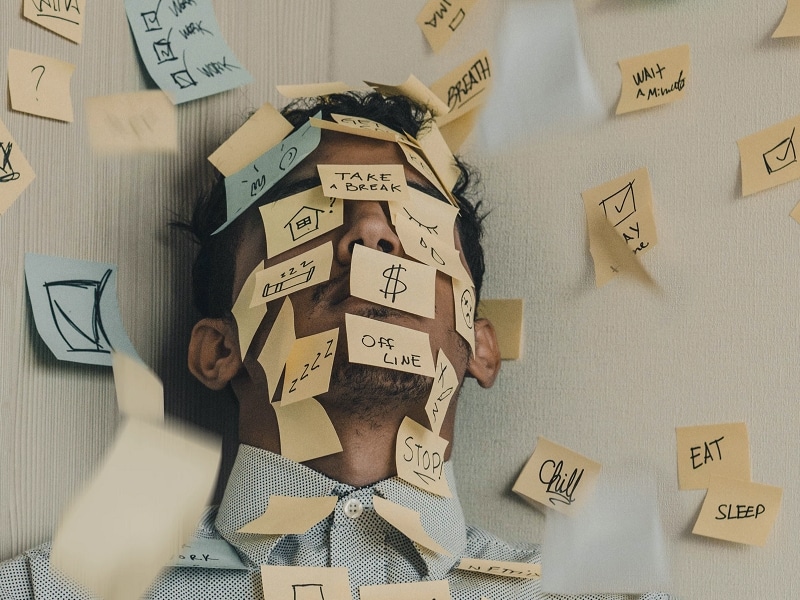 man anxiety stress postit notes