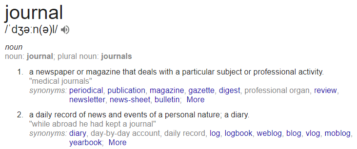 diary vs journal definition from google journal